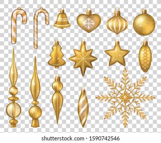 Christmas tree toys set with golden ball bell snowflake candy cane star isolated on transparent background vector illustration