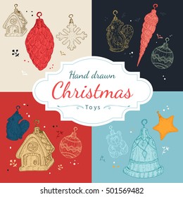 Christmas tree toys set in hand drawn style.