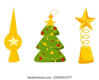 Christmas tree toys set. Christmas tree topper, star. Vector hand drawn illustration in cartoon flat design for print, decor, stickers