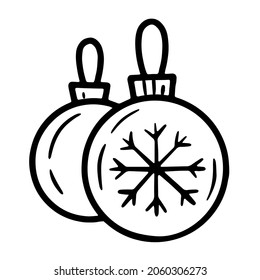 Christmas tree toys, snowflake balloons linear vector icon in doodle sketch style