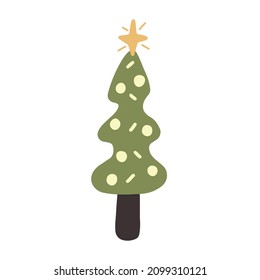 Christmas tree with toys and star hand drawn naive art