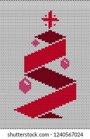 Christmas tree with toys and a star. Origami style. Imitation knitted fabric. New Year, Christmas, Winter Holidays. Banner invitation flyer