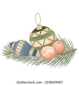 Christmas tree toys with tangerine, vector detailed tree toys. Fancy, golden, elegant decorations.