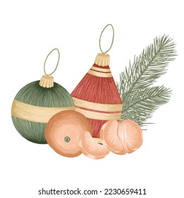 Christmas tree toys with tangerine, vector detailed tree toys. Fancy, golden, elegant decorations.