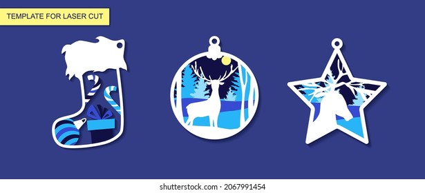 Christmas tree toys template for laser cut with layers. New Year and decoration with deer, winter landscape and moon. Wooden coloring toy. Vector illustration.