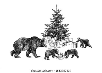 
Christmas tree with toys, variety of gifts and She Bear with her cubs. Festive vector illustration. Hand drawn vintage drawing.
