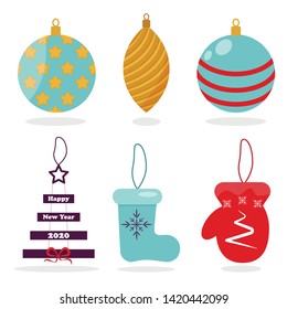 Christmas Tree Toys. Christmas toys vector decoration balls, stars, mitten, felt boots for decoration Christmas trees toys. Vector illustration