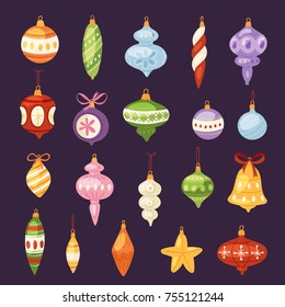 Christmas tree toys vector decorations balls, circle, stars, bells for decorate New Year Xmas tree toys on branches illustration.