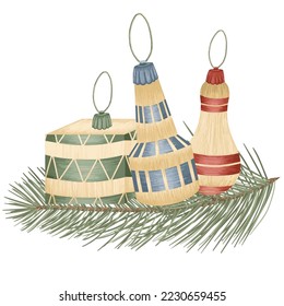 Christmas tree toys, vector detailed tree toys. Fancy, golden, elegant decorations.