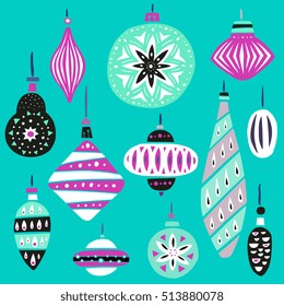 Christmas tree toys vector illustration - unique creative hand drawn elements, isolated on background. Cute modern stylized design - balls, decorative icicle, fir cones and lamps.
