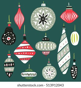 Christmas tree toys vector illustration - unique creative hand drawn elements, isolated on background. Cute modern stylised design - balls, decorative icicle, fir cones and lamps.