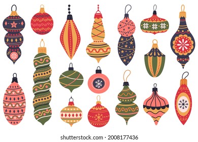 Christmas tree toys. Xmas holidays decorations, vintage stars and balls, Christmas winter toys vector illustration set. Cute xmas tree decorations. New year accessories with ornaments