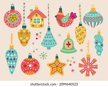 Christmas tree toys. Xmas holidays symbols bubbles snowflakes pictures for scrapbook ornament bells nutcracker recent vector doodles colored collection