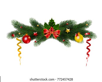 Christmas tree with tradition decor. Holiday vector for design.