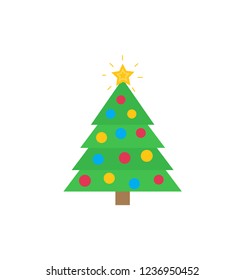 Christmas tree with traditional decorations star, bauble. Vector flat cartoon clipart or illustration of ritually used Xmas plants like pine, spruce