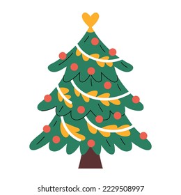 Christmas tree. Traditional Xmas fir decorated for winter holidays. New year celebration. Festive firtree with stars, ornaments, baubles and lights decoration. Minimalistic flat vector illustration 