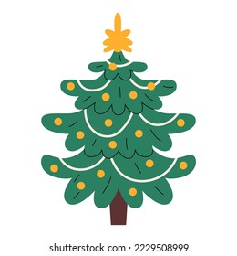 Christmas tree. Traditional Xmas fir decorated for winter holidays. New year celebration. Festive firtree with stars, ornaments, baubles and lights decoration. Minimalistic flat vector illustration 