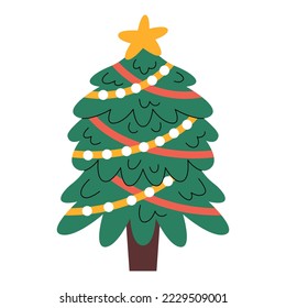 Christmas tree. Traditional Xmas fir decorated for winter holidays. New year celebration. Festive firtree with stars, ornaments, baubles and lights decoration. Minimalistic flat vector illustration 