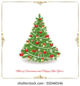 Christmas tree. Traditionally decorated. Realistic. Isolated on white.