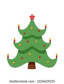 Christmas tree is traditionally decorated with toys and garlands. Vector illustration symbol of Christmas and New year.