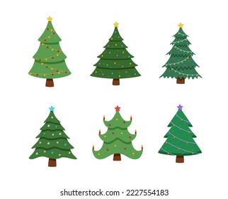 Christmas tree is traditionally decorated with toys and garlands. Vector illustration symbol of Christmas and New year.