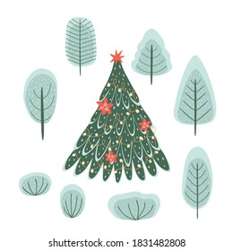 Christmas tree and trees. Hand drawing winter trees for forest landscape outdoor activity Isolated on white.