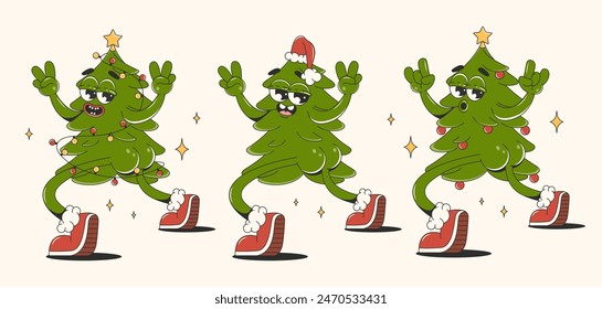 Christmas tree in trendy groovy style. Set of retro cartoon characters. Merry Christmas and Happy New Year vector Illustrations.