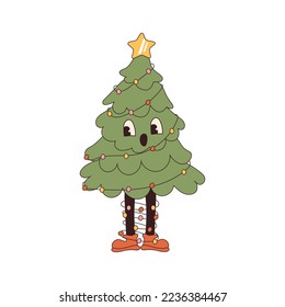 Christmas tree in trendy retro cartoon style. Groovy hippie 70s aesthetic.	

