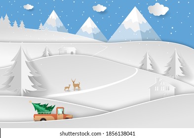 Christmas Tree Truck Pickup And Deer In Forest With Snow And Mountain. Paper Art And Digital Craft Style.