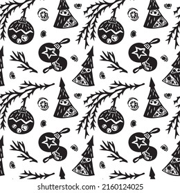 Christmas tree, twig, decorations and toys. Black and White Seamless Vector Pattern. Hand printed textural linocut. Festive abstract design for fabric, textile, wrapping paper. Happy New Year!