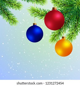 Christmas Tree Twigs with Colored Balls on Snowy Background. New Year Template with Fir Branch with Toys.