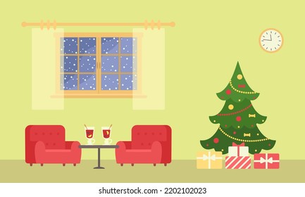 Christmas tree, two cozy three-quarter armchairs and glasses of mulled wine on coffee table. Home interior concept. Cartoon flat style. Vector illustration