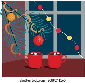 Christmas tree and two cups of hot chocolate 