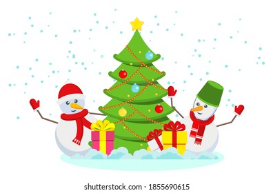 Christmas tree and two funny snowmen. Christmas tree flat vector card. Congratulatory decoration for new year and Xmas for holiday flyers, booklets, brochures and websites.