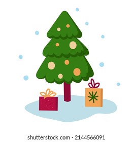 Weihnachtsbaum und zwei Geschenkschachteln. Dekorative Elemente im Flachstil. Vektorgrafik.
