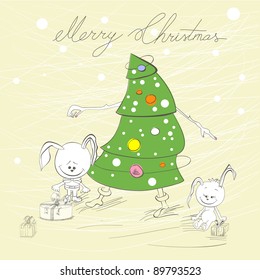 Christmas tree with two rabbit