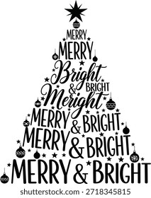 Tipografía del árbol de Navidad alegre y brillante Ilustración vectorial para la decoración festiva del saludo de la fiesta de invierno y diseño de la celebración de Navidad aislado negro sobre transparente