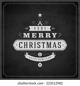 Christmas Tree Typography From Text And Ornament Decoration. Merry Christmas Holidays Wish Greeting Card Design And Vintage Background. Happy New Year Message. Vector Illustration Eps 10.