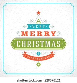 Christmas tree typography from text and ornament decoration. Merry Christmas holidays wish greeting card design and vintage background. Happy new year message. Vector illustration Eps 10.