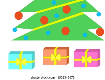 The christmas tree and under it presents wrapped in blue, pink, orange paper with a gold ribbon. Green christmas tree with blue and red ornaments and gold ribbon.  Vector.