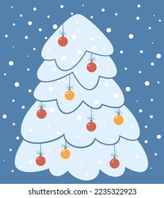 Christmas tree under the snow, Christmas balls, falling white snow. Vector illustration isolated on a blue background. For the decoration of cards and invitations for Christmas and New Year.