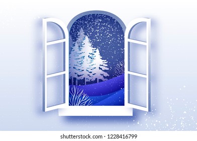 Christmas tree, under the snowfall. Merry Christmas greetings card in paper cut style. Winter season holidays. Happy New Year. Blue. Snowfall.