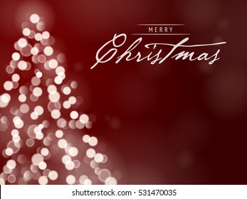Christmas Tree Unfocused Blurred Lights on the Dark Red Background with a Merry Christmas Message