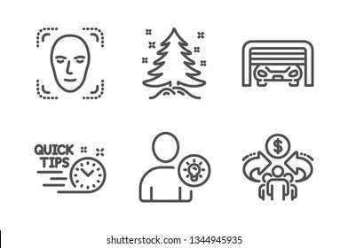 Christmas tree, User idea and Quick tips icons simple set. Face detection, Parking garage and Sharing economy signs. Spruce, Light bulb. Business set. Line christmas tree icon. Editable stroke. Vector