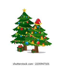 a Christmas tree with various additional ornaments such as balls, candies, stars and gift boxes