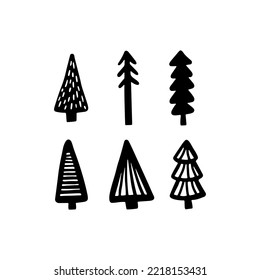 Christmas Tree various set. Collection black-white silhouette. Ink sketch.  Monochrome hand drawn vector illustration in doodle style.