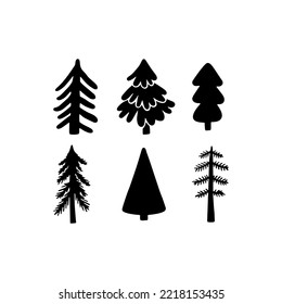 Árbol de Navidad varios conjuntos. Colección de silueta blanco-negro. Esbozo de tinta.  Ilustración vectorial monocroma dibujada a mano en estilo doodle.