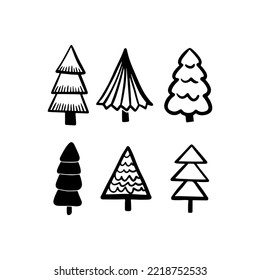 Christmas Tree various set. Collection black-white silhouette. Ink sketch.  Monochrome hand drawn vector illustration in doodle style.