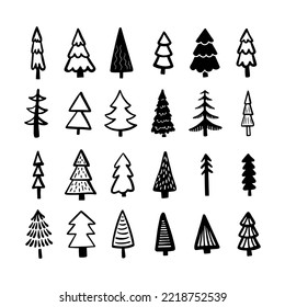 Árbol de Navidad varios conjuntos. Colección de silueta blanco-negro. Esbozo de tinta.  Ilustración vectorial monocroma dibujada a mano en estilo doodle.