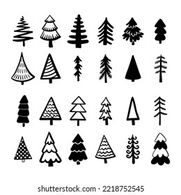Christmas Tree various set. Collection black-white silhouette. Ink sketch.  Monochrome hand drawn vector illustration in doodle style.